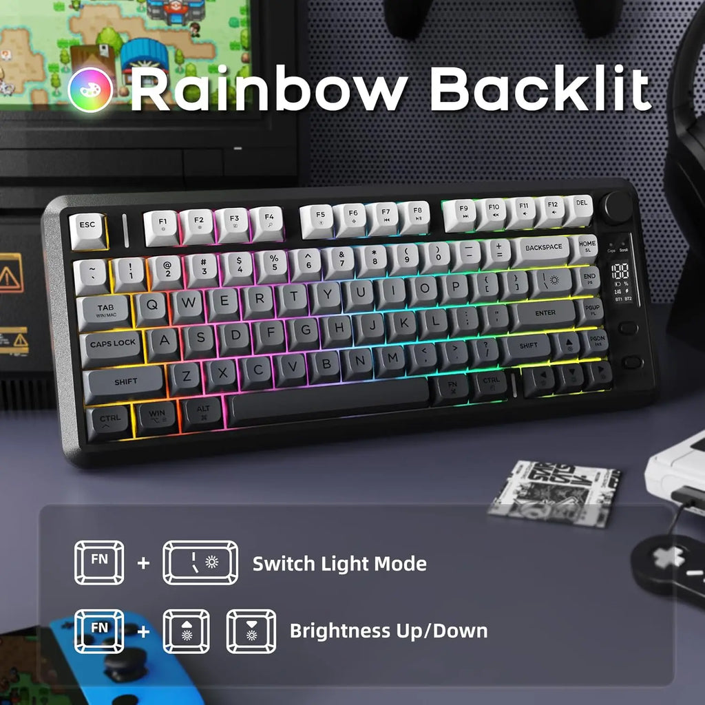 ATTACK SHARK M75 Wireless Membrane Gaming Keyboard with Knob&OLED Display Bluetooth/2.4Ghz Rainbow Backlit Gradient PBT Keycaps