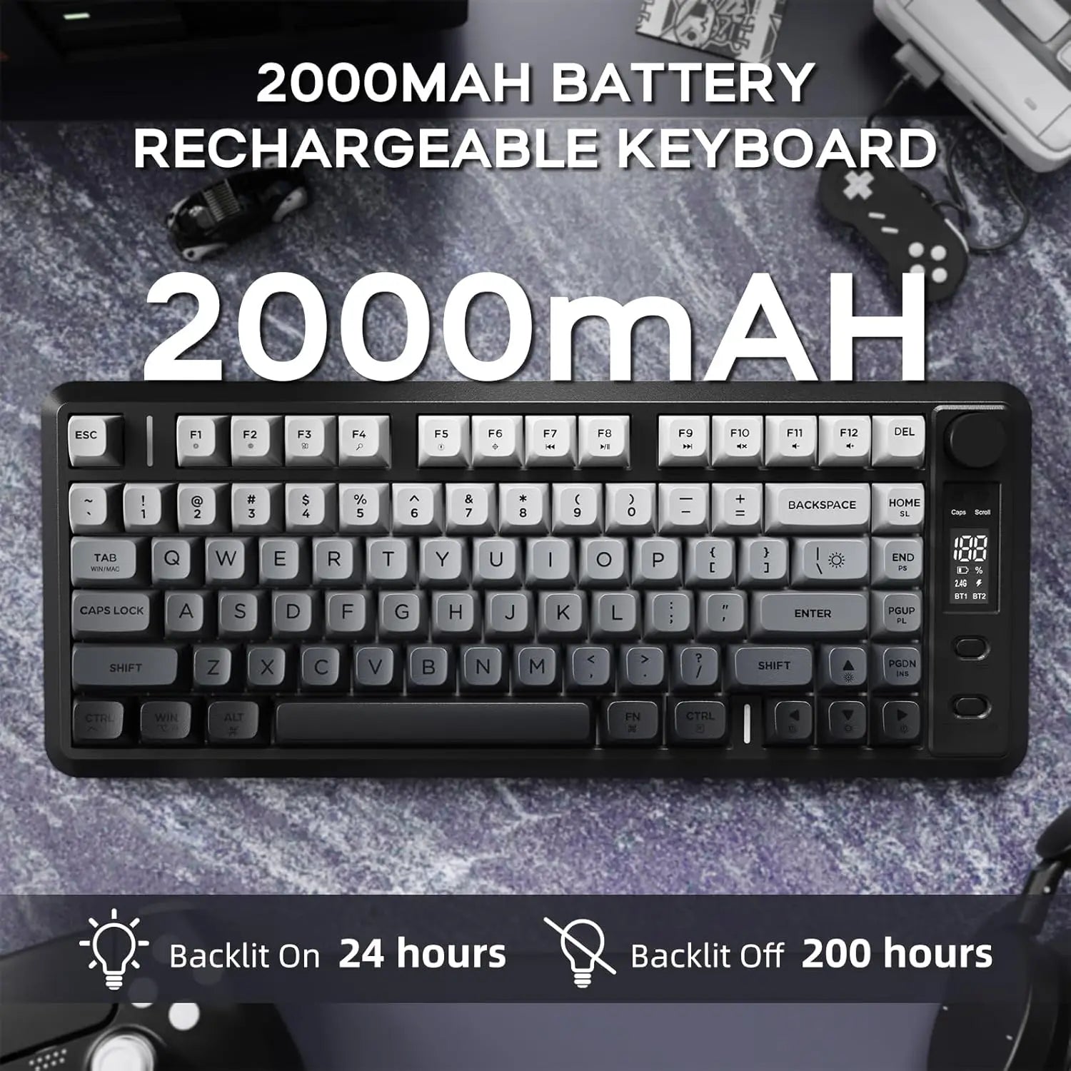 ATTACK SHARK M75 Wireless Membrane Gaming Keyboard with Knob&OLED Display Bluetooth/2.4Ghz Rainbow Backlit Gradient PBT Keycaps